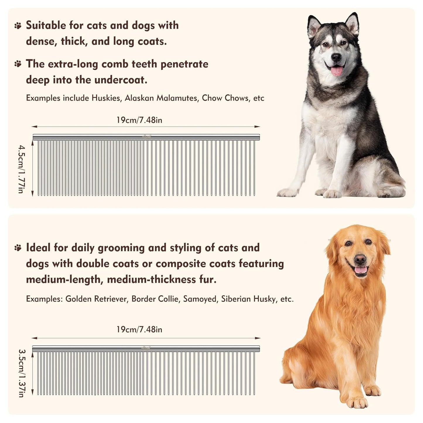 WRW Stainless Steel Dog Combs [4 Pcs], Groom Like a Professional, Coarse Pet Butter Comb for Dog ＆ Cat, Rounded Corners Prevent Friction and Breakage, 4 Sizes of Steel Teeth Fit Most Pet Fur