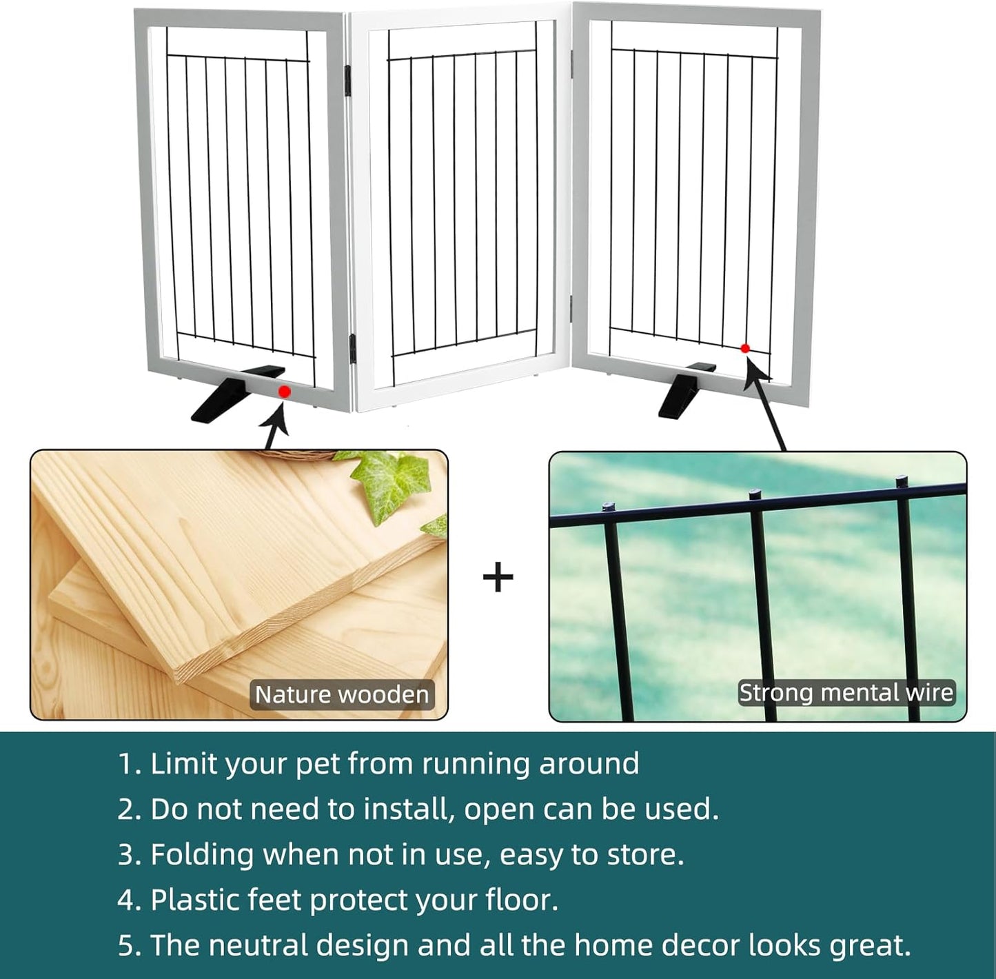 ZJSF Freestanding Dog Gate Indoor, Foldable Dog Fence for Doorways,Hallways or Stairs, Sturdy Wood Extra Wide Pet Gate with Support Feet,Black,24 "Height-3 Panels