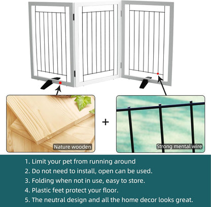 ZJSF Freestanding Dog Gate Indoor, Foldable Dog Fence for Doorways,Hallways or Stairs, Sturdy Wood Extra Wide Pet Gate with Support Feet,Black,24 "Height-3 Panels