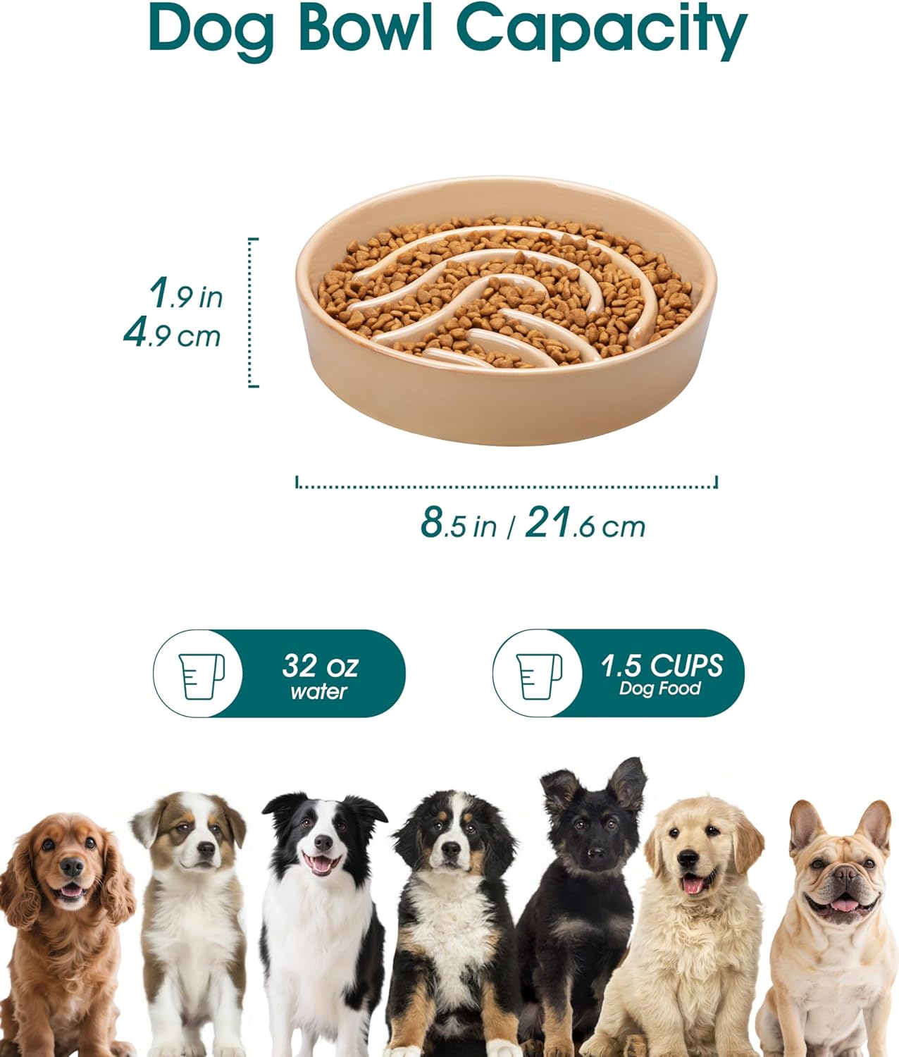 vancasso Slow Feeder Dog Bowl, 1.5 Cup Ceramic Slow Feeding Food Dish for Small and Medium Breed, Puzzle Dog Food Bowl for Fast Eater, Pink