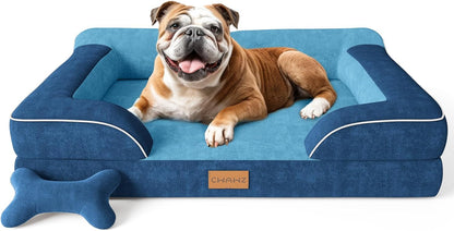 CWAWZ Extra Large Dog Bed, Orthopedic Dog Bed with Cooling Gel Memory Foam, Waterproof XL Pet Bed with Removable Washable Cover, 42" Pet Sofa Couch Dutch Velvet with Bone Toy, Light Gray