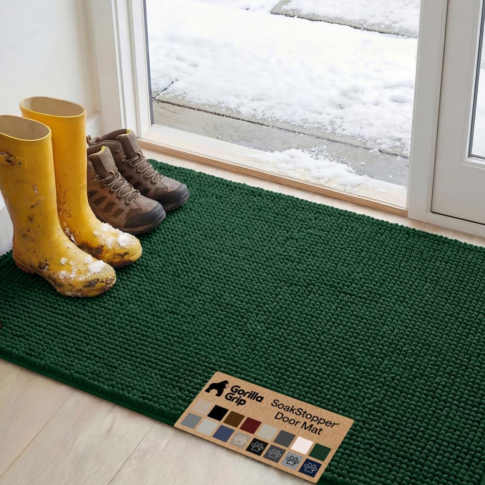 GORILLA GRIP SoakSTOPPER Dog Door Mat, 30x20 Machine Washable Rug Absorbent Doormat Captures Moisture Mud Dirt, Quick Dry Soft Chenille Entryway Rugs Indoor Entrance Mats for Dog Paws, Paw Grey