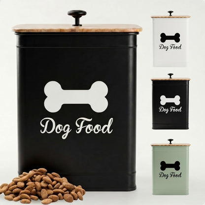 Dog Food Container Airtight 5-7 lb (25 Cup) Capacity - Cute Airtight Dog Food Storage Container with Bamboo Lid & Sturdy Metal Handle - White Metal Kibble Storage Bin for Dogs up to 50 lbs - Pet Jar