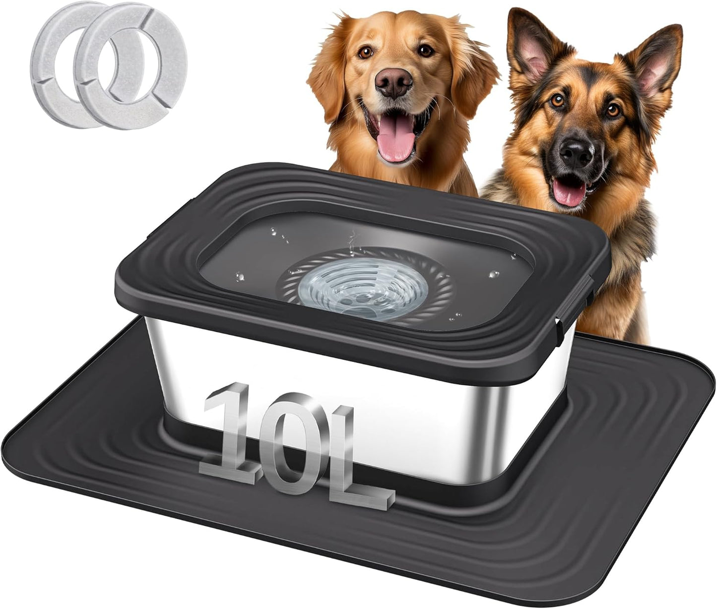 Decflow 10L Stainless Steel Dog Water Bowl, No Spill Anti-Splash Dog Bowls with XXL Silicone Mat, Spill-Proof Slow Feeder for Messy Drinkers, Heavy Duty Pet Bowls for Indoor/Outdoor Use Grey
