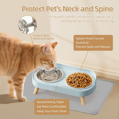 Elevated Cat Bowl, Raised Cat Food and Water Bowl Set for Indoor Cats, Splash Proof with 2 Stainless Steel Pet Food Bowls for Cats and Puppies, Whisker Fatigue and Dishwasher Safe - White