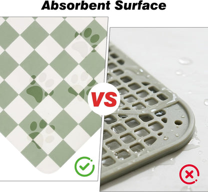 CooRug Checkered Dog Food Mat, Absorbent Leak-Proof Pet Feeding Mat, Quick Dry Cat Food Mat for Messy Drinkers 12" x 20" Khaki