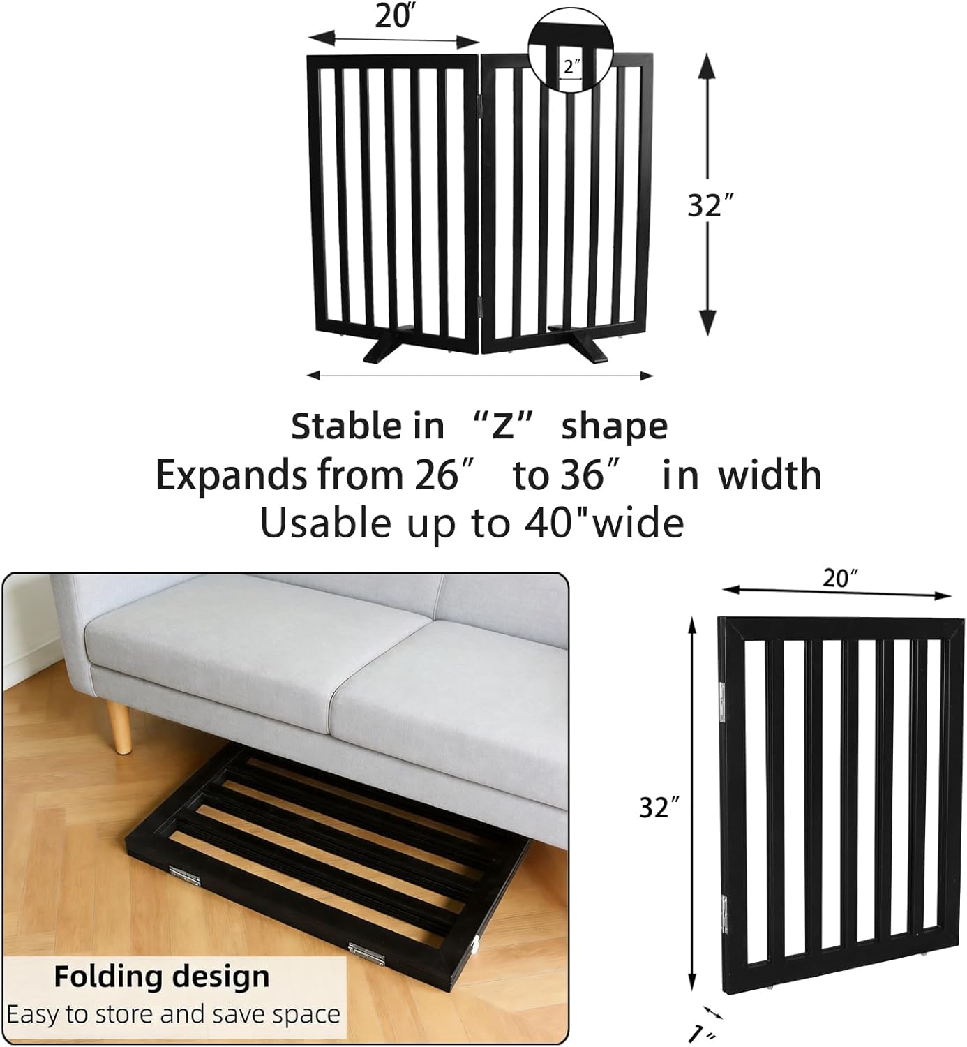ZJSF Freestanding Indoor Dog Gate for House Foldable Wood Puppy Gate for Doorways Pet Gate for Stairs Extra Wide Pet Fence, Brown, 24" Height 3 Panels