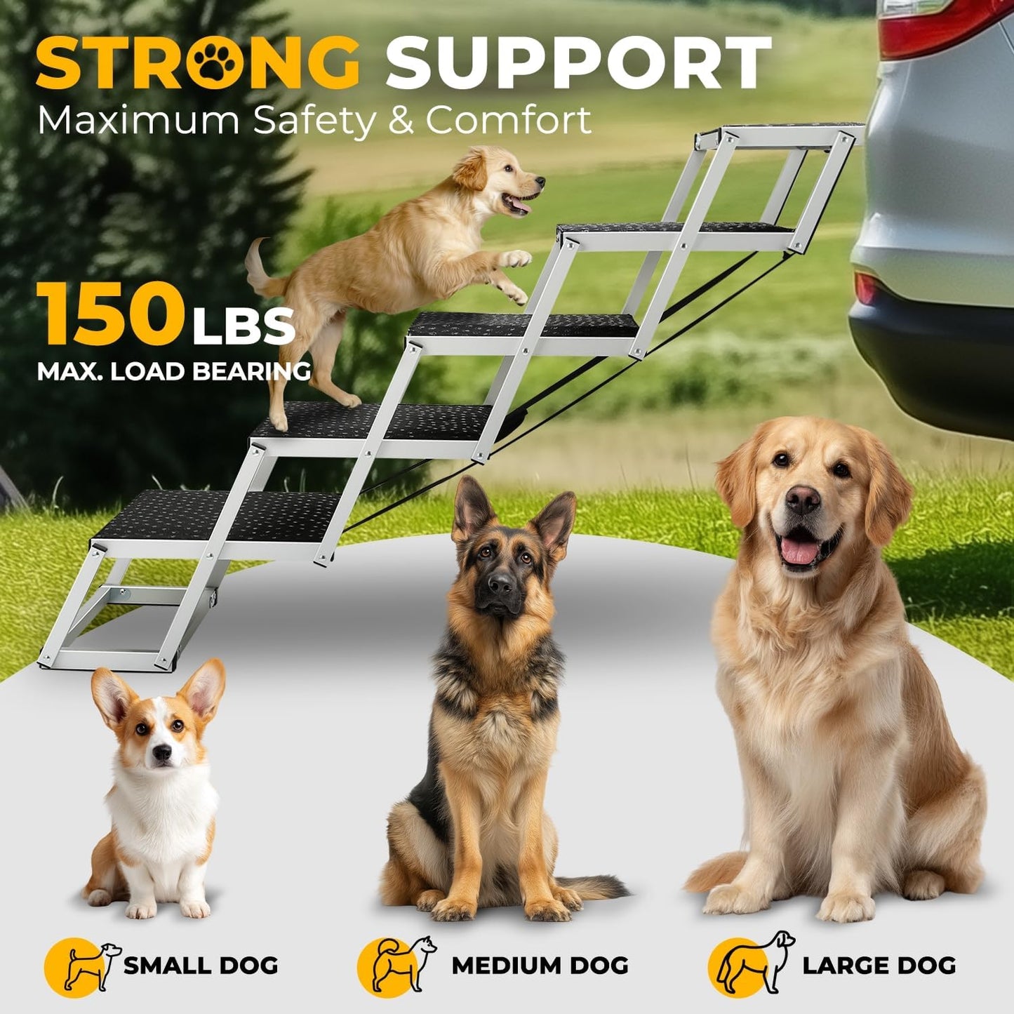 Auto Dynasty Dog Stairs for Car - 4 Steps Wide 31.4in High 25in Foldable Dog Ramp for Car Non-Slip Surface Support up to 150lbs - Suitable for SUV,Truck, Sofas, Bed/Couch