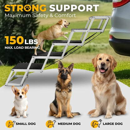 Auto Dynasty Dog Stairs for Car - 4 Steps Wide 31.4in High 25in Foldable Dog Ramp for Car Non-Slip Surface Support up to 150lbs - Suitable for SUV,Truck, Sofas, Bed/Couch