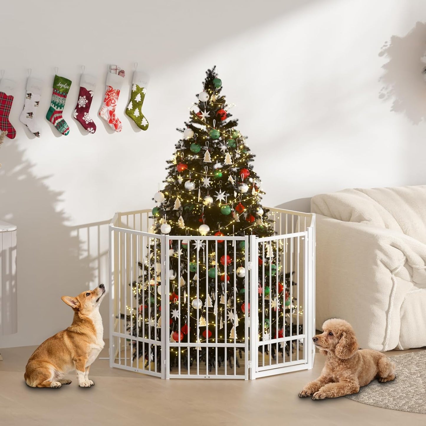 SNUOWU Full Metal Freestanding Dog Gate with Door, 32''Height Foldable Pet Dog Fence for Indoor & Outdoor, 4 Panels Extra Wide Free Standing TallDog Gates for Doorways,House,Stairs,Porch,Deck,Yard