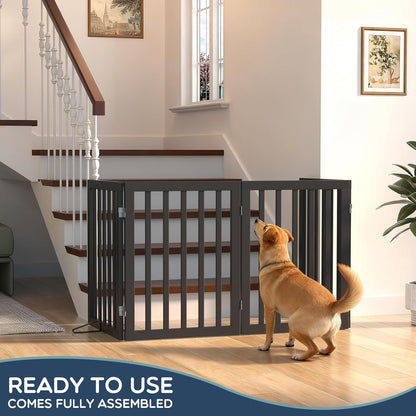 Homykic Bamboo Freestanding Dog Gate, No Assembly Pet Gate Indoor, 24”H x 75”W Extra Wide Foldable Puppy Fence with Support Feet for the House, Doorways Stairs, 4 Panels, No Drilling, Espresso