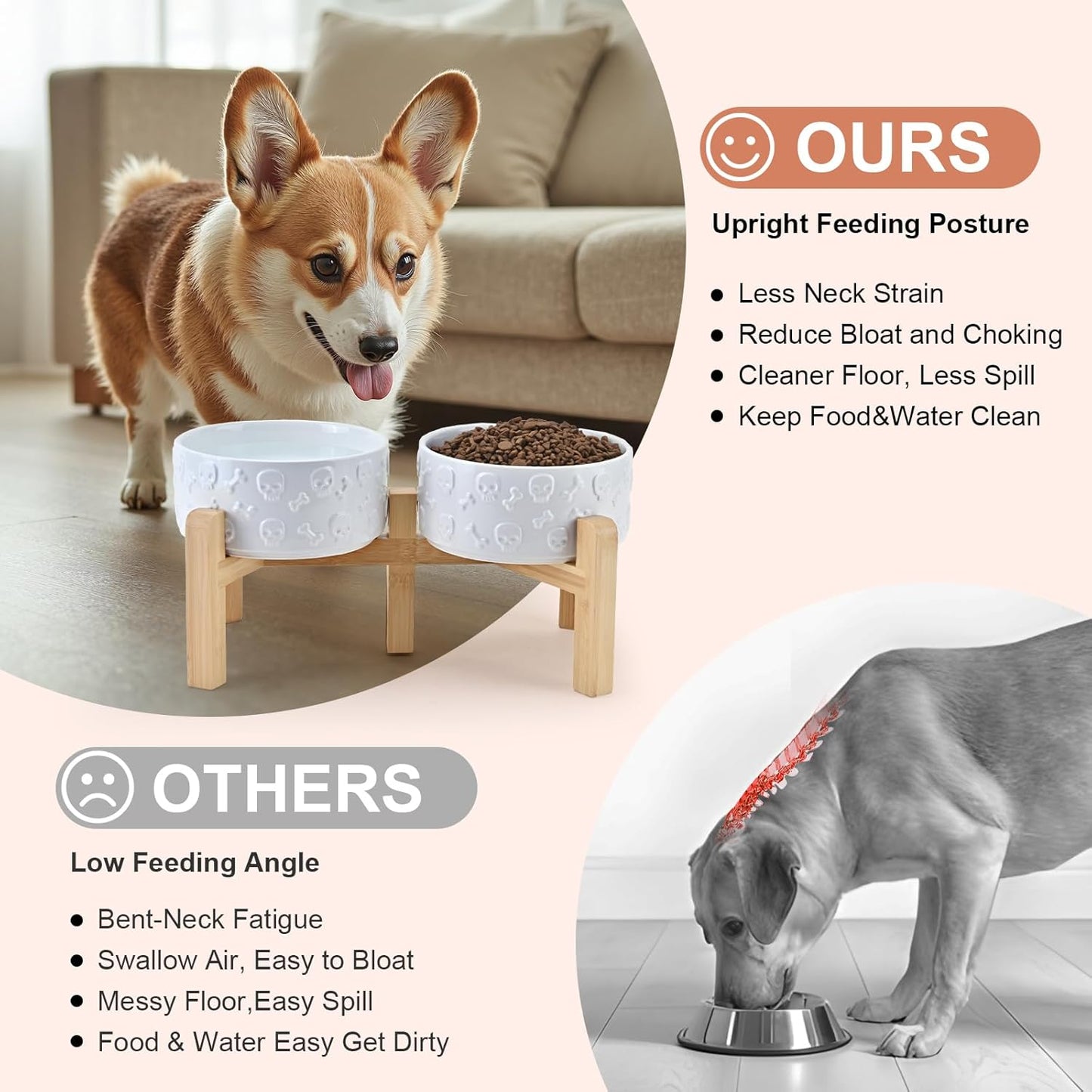 SPUNKYJUNKY Elevated Dog Bowls Ceramic, 6.1'' Dogs and Cat Food Water Bowls Raised with Non-Slip Bamboo Stand for Medium Sized Breed Microwave Dishwasher Safe - 28.7 OZ,Beige
