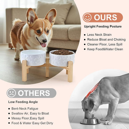 SPUNKYJUNKY Elevated Dog Bowls Ceramic, 6.1'' Dogs and Cat Food Water Bowls Raised with Non-Slip Bamboo Stand for Medium Sized Breed Microwave Dishwasher Safe - 28.7 OZ,Beige