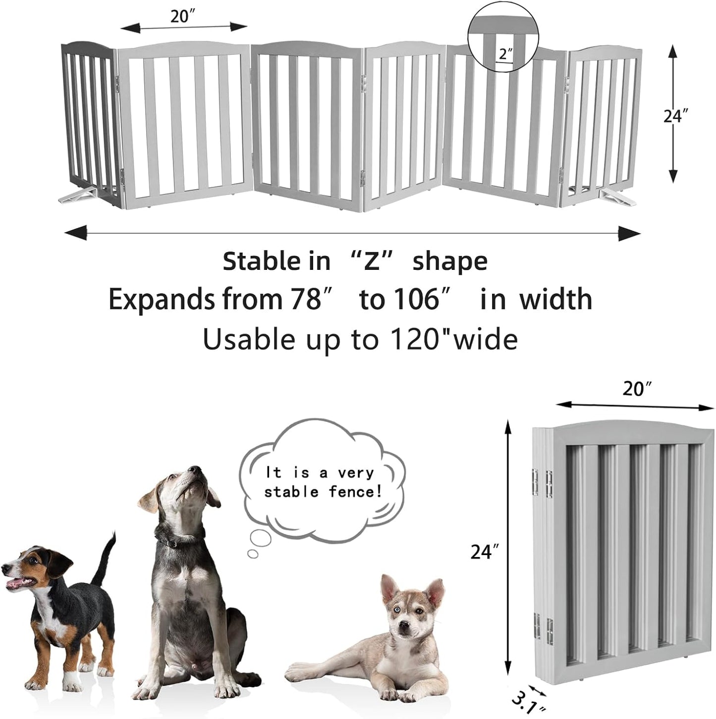 Freestanding Dog Gate Indoor,Doggie Gate Foldable Dog Gates for Doorways,Stairs or Hallways, Wooden White Pet Gate for the House, Pet Fence with Support Feet Included,24 "Height-4 Panels