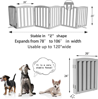 Freestanding Dog Gate Indoor,Doggie Gate Foldable Dog Gates for Doorways,Stairs or Hallways, Wooden White Pet Gate for the House, Pet Fence with Support Feet Included,24 "Height-4 Panels