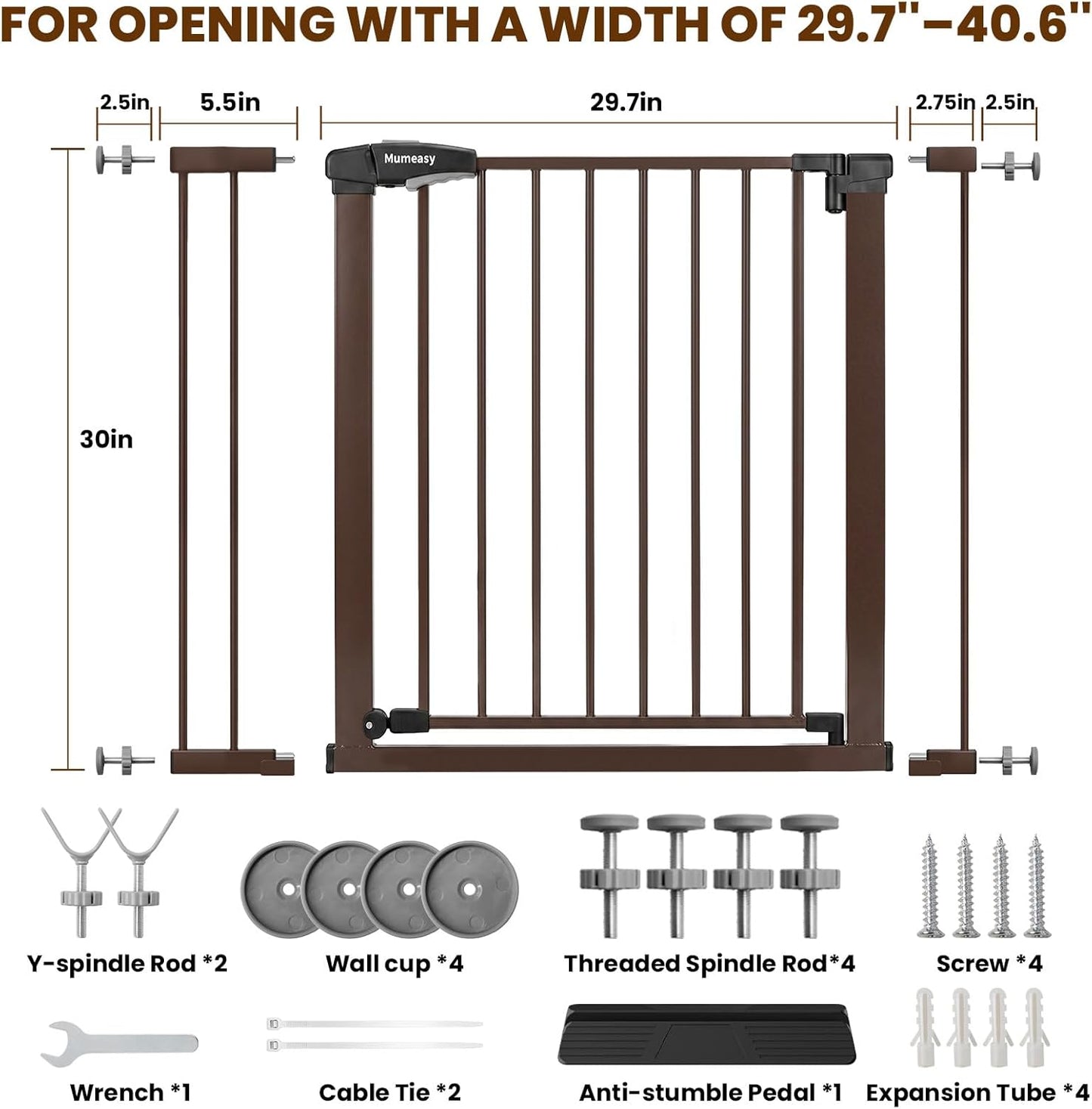 Baby Gate for Stairs, 29.7-40.6" Auto Close Dog Gate Indoor for Doorways, Dual-Lock Design, Adjustable Pet Gate No Drilling with Walk Thru Door for Hallways, Stroller Friendly, Black