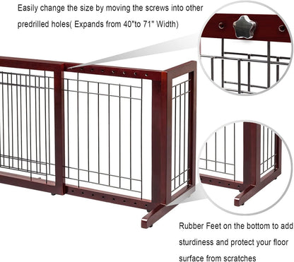 Bonnlo Free Standing Dog Gate, 37" - 68" Wide Pet Gate for Fireplace Stairs Doorways, Wooden Adjustable Pet Fence Indoor, Christmas Tree Gate (Cherry)