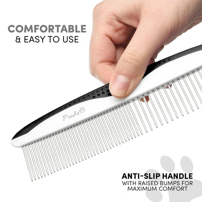 Poodle Pet Dog Combs for Grooming | 2 Pack | Stainless Steel Teeth Easily Remove Dirt | Proper Care Prevents Knots and Mats for Long and Short Haired Pets | Anti-Slip Comfort Grip Handle (Purple)