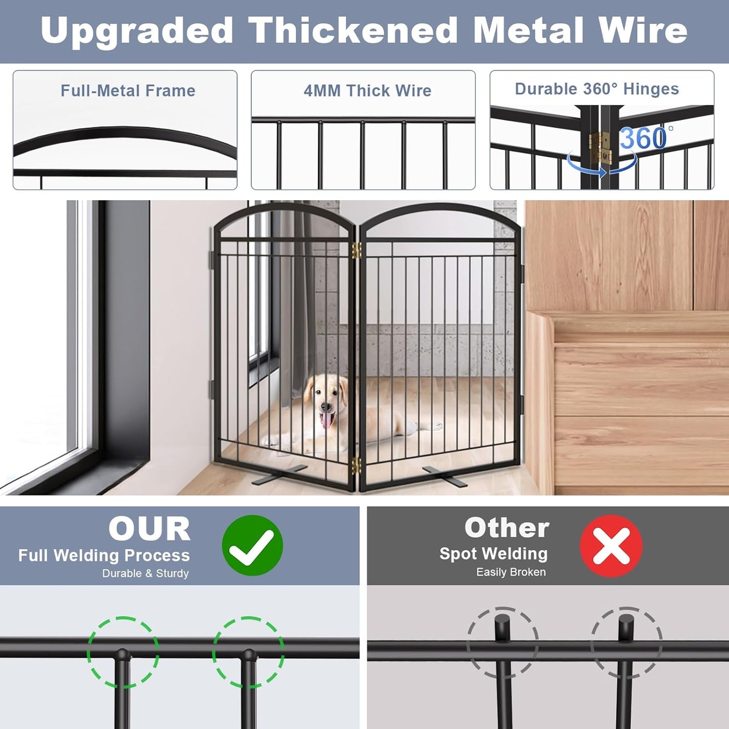 Full Metal Free Standing Dog Gate with Door for Indoor & Outdoor,96'' Extra Wide 32'' Tall Dog Gate for The Doorways,Large Openings,Decks,Porch,Pet Freestanding Safety Fence(4 Panels,Black)