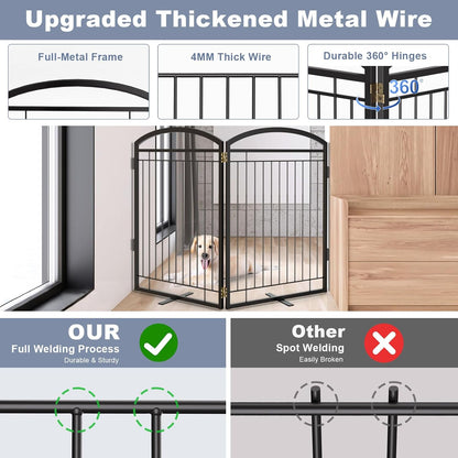 Full Metal Free Standing Dog Gate with Door for Indoor & Outdoor,96'' Extra Wide 32'' Tall Dog Gate for The Doorways,Large Openings,Decks,Porch,Pet Freestanding Safety Fence(4 Panels,Black)