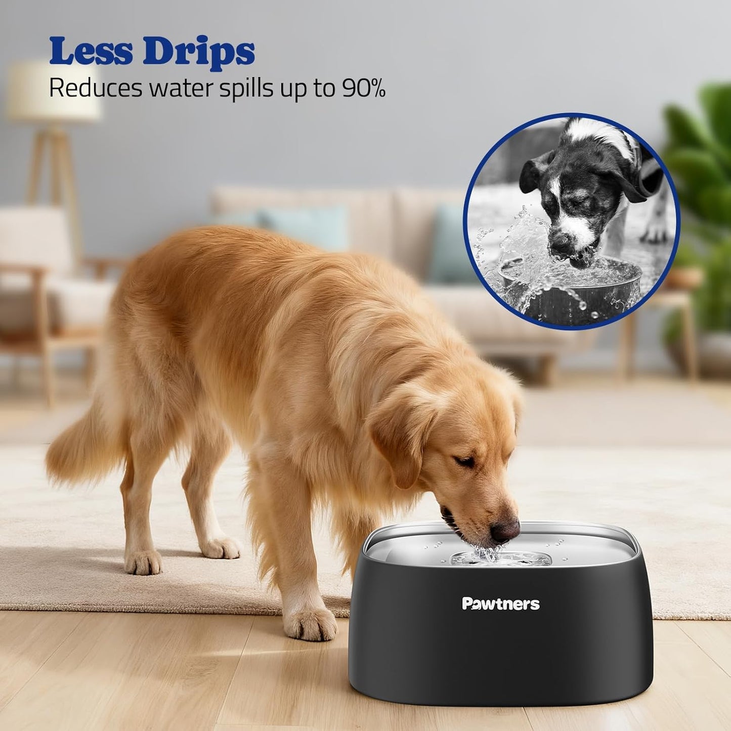 Pawtners All Stainless Steel Dog Water Bowl No Spill,135oz Anti-Splash Dog Bowl with Non-Slip Base, Spill Proof for Medium Large Messy Drinkers, Slow Drinking, Slobber Stopper,Easy to Clean