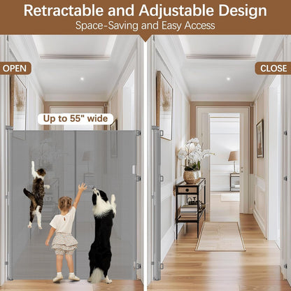 Reinforced 60 Inch Extra Tall Cat Gate Retractable Dog Gate - No Jumping Over/Crawling Under, 55" Wide Retractable Baby Gates for Cats with Reinforced Rods, 5ft Tall Dog Gate Indoor Cat Barrier/Black