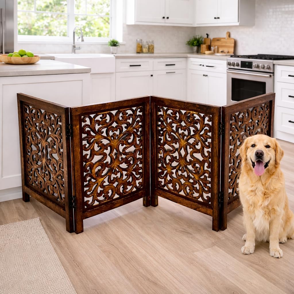 Freestanding Pet Gate for Dogs, Foldable Wooden Dog Gate for House, Indoor Dog Gate for Stair, Doorway, House Design Gates for Dogs Indoor, 72 Inch Wide, (18" x4 Panels 72 inch), Burnt Finish