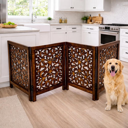 Freestanding Pet Gate for Dogs, Foldable Wooden Dog Gate for House, Indoor Dog Gate for Stair, Doorway, House Design Gates for Dogs Indoor, 72 Inch Wide, (18" x4 Panels 72 inch), Burnt Finish