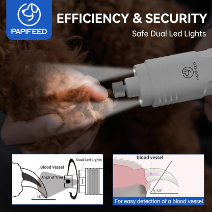 PAPIFFEED Dog Nail Grinder with LCD Display – Quiet Electric Nail Trimmer with Dual LED Light, Safe for Black & Thick Nails, Rechargeable for Small Medium Large Dogs & Cats (White)