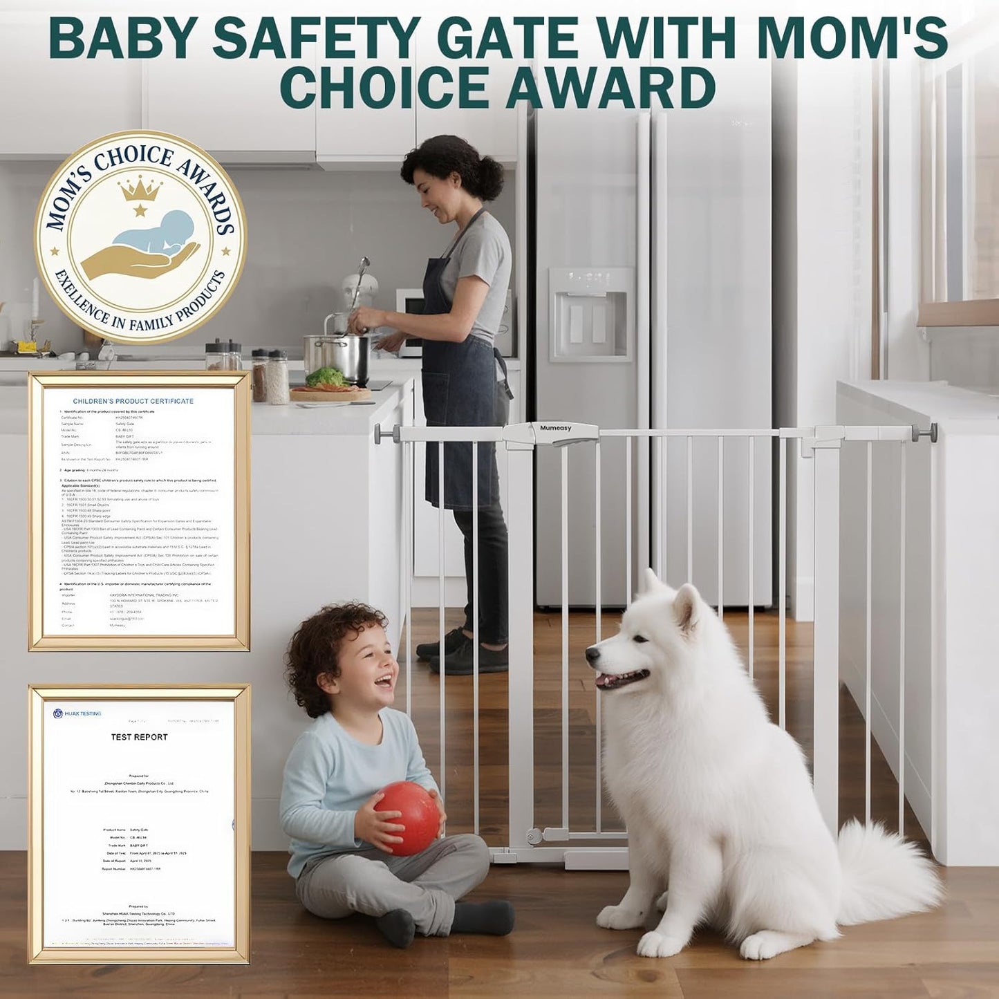 Mumeasy 29.7-46" Baby Gate for Stairs, Pressure Mounted Dog Gate for Doorways, Auto Close Walk Through Pet Gate Indoor, Extra Wide Metal Child Safety Gate, Mom's Choice Awards Winner, Black