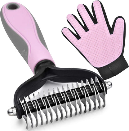 GOESWELL Double-Sided Undercoat Rake for Pet Grooming - Shedding and Dematting Comb with Grooming Glove (Blue 2 Pack)