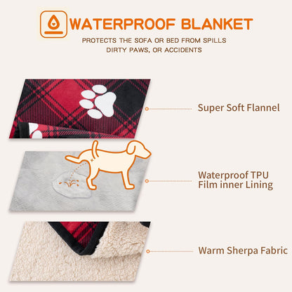Waterproof Dog Blankets Pet Blanket 50"x60", Soft Fluffy Sofa Car Bed Protector, Reversible Sherpa Fleece Dog Blanket for Large Dogs (Dark Grey-Paws)
