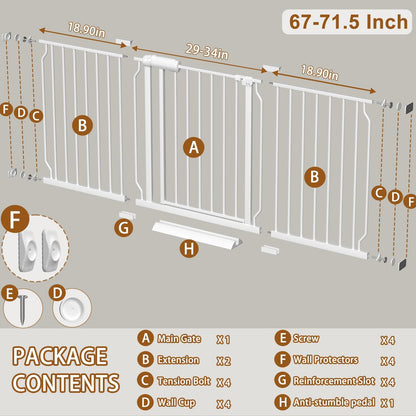 Fairy Baby Extra Wide Baby Gate for Dogs Pressure Monuted Safety Gate for Living Room, Fits 62 Inch to 67 Inch with No Drill Auto Close Dog Gate for Doorways, White