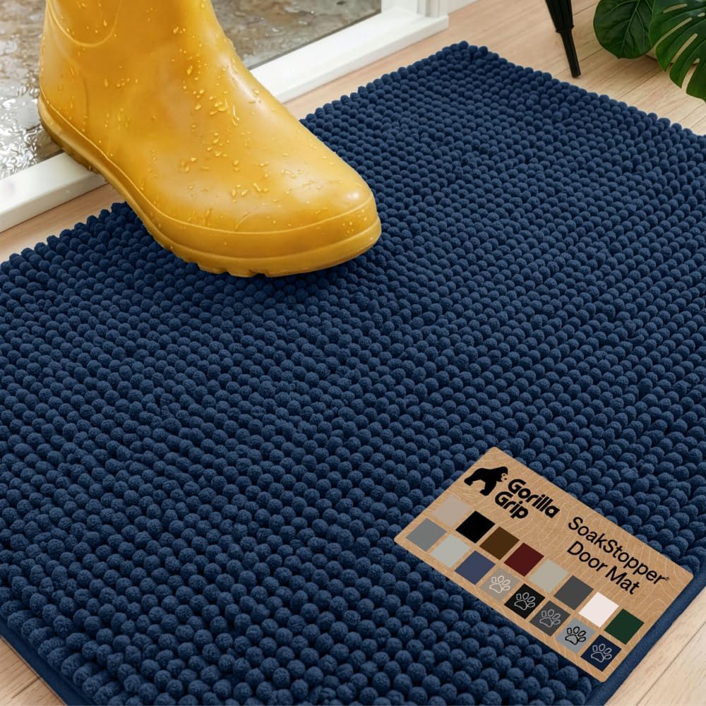 GORILLA GRIP SoakSTOPPER Dog Door Mat, 30x20 Machine Washable Rug Absorbent Doormat Captures Moisture Mud Dirt, Quick Dry Soft Chenille Entryway Rugs Indoor Entrance Mats for Dog Paws, Paw Grey