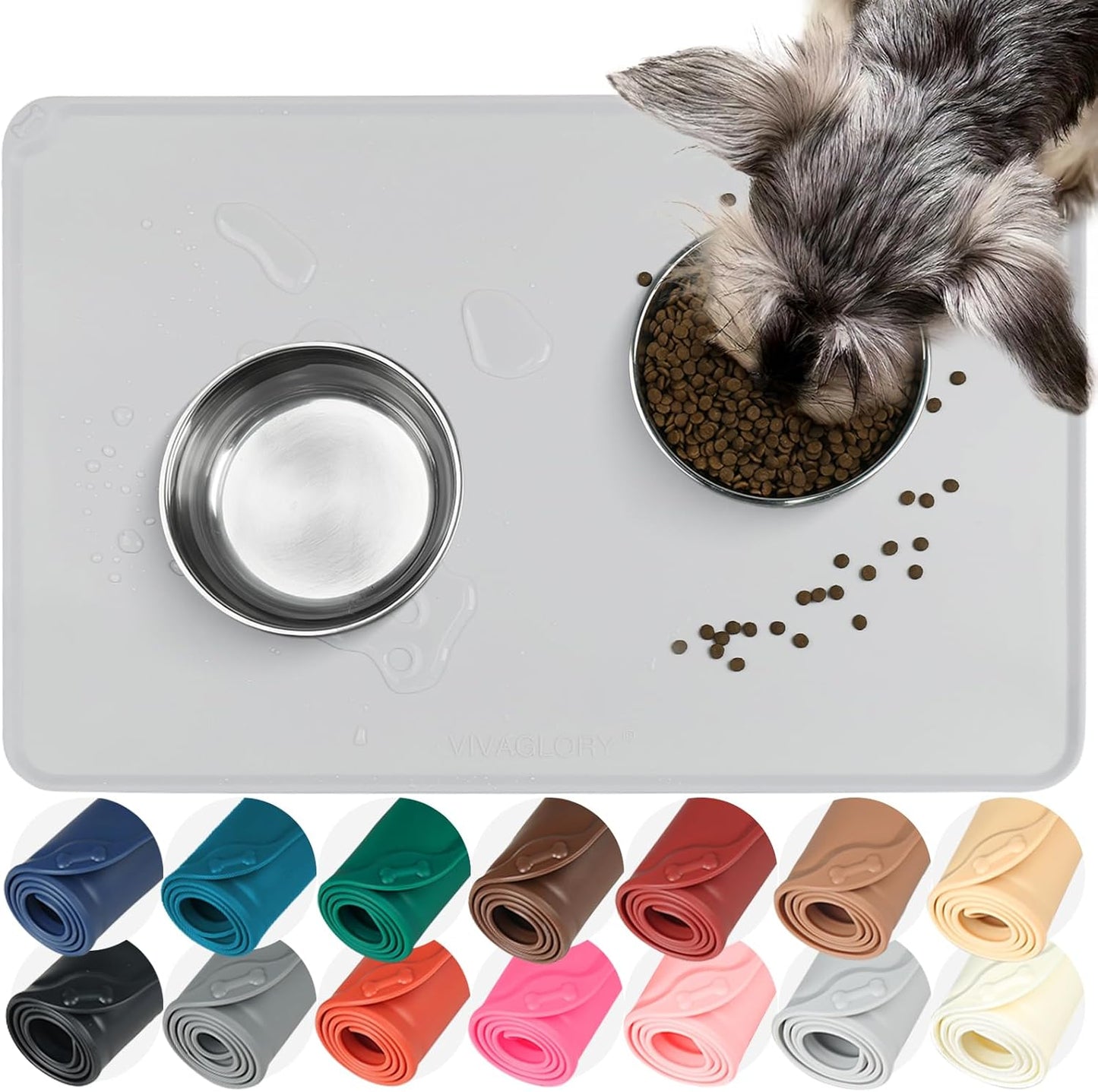 VIVAGLORY Dog Food Mat Flexmat Dog Bowl Mat, Placemat Food Tray with Raised Edges & Lip for Indoor Floor, Non Slip Waterproof Silicone Dish Placemat for Cat & Pet, S, Grey