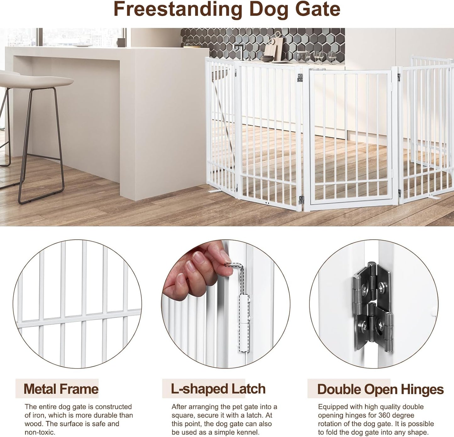 Metal Freestanding Dog Gate with Door, Extra Wide 81", 31" Height Foldable Dog Gates for Doorways, Tall Pet Fence Indoor Pet Gates, 4 Panels Pet Barrier for Stairs Hallways, Black