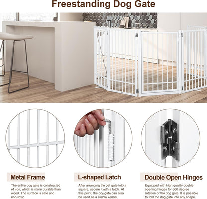 Metal Freestanding Dog Gate with Door, Extra Wide 81", 31" Height Foldable Dog Gates for Doorways, Tall Pet Fence Indoor Pet Gates, 4 Panels Pet Barrier for Stairs Hallways, Black