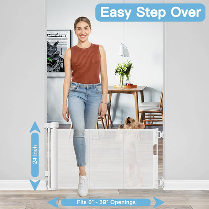 Short Dog Gate 0"-39" Wide Narrow Baby Gate 24” Tall Retractable Short Pet Gate to Step Over Short Baby Gate for Doorway, Low Pet Gate Indoor Doggie Gates Mesh Puppy Gate for Stairs, Black