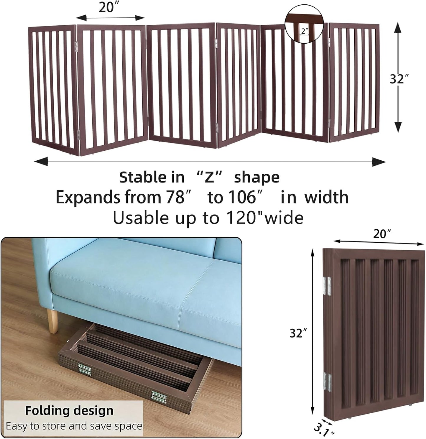 Dog Gate Indoor, Freestanding Dog Fence for The House, Doorways, Hallways,or Stairs,Pet Gate Foldable Wooden,Expandable 24" Height 3 Panels,White