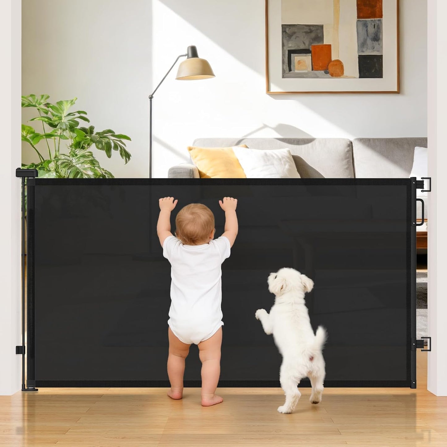 Retractable Baby Gate for Stairs & Doorways, Mesh Dog Gate Indoor Outdoor, Extends to 55" Wide 34" Tall Child Gate for Hallways, Deck, Porch, Pet Toddler Safety Essentials, Easy Install, Grey