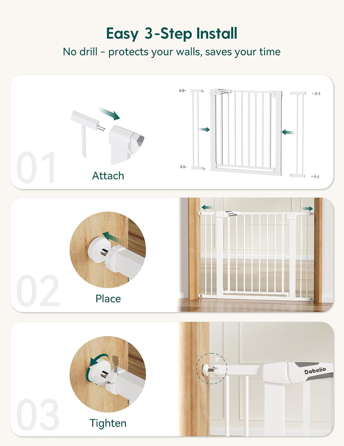 Babelio 29-55 Inch Extra Wide Baby/Dog Gate, PressGuard P7, Metal Auto Close, Pressure Mounted Pet Door for Doorways, NO Need Tools and Drilling, with Wall Cups, White