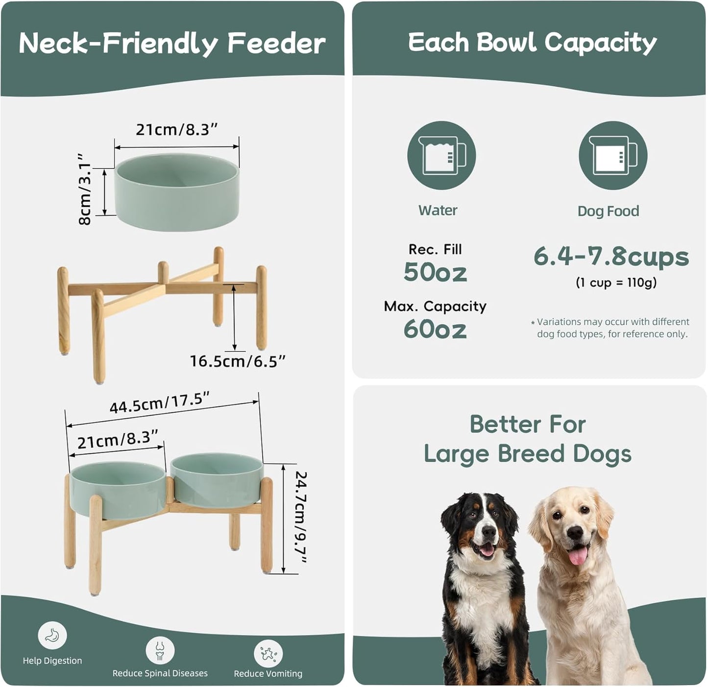 Havniva 8.3inch Ceramic Raised Dog Bowl with Stand, Elevated Dog Bowls for Large Breed Dog Food and Water Bowl Non-Slip Dog Dish Large Capacity Feeding Pet Water Bowl