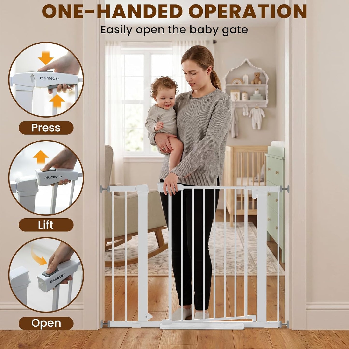 Baby Gate for Stairs, 29.7-40.6" Auto Close Dog Gate Indoor for Doorways, Dual-Lock Design, Adjustable Pet Gate No Drilling with Walk Thru Door for Hallways, Stroller Friendly, Black