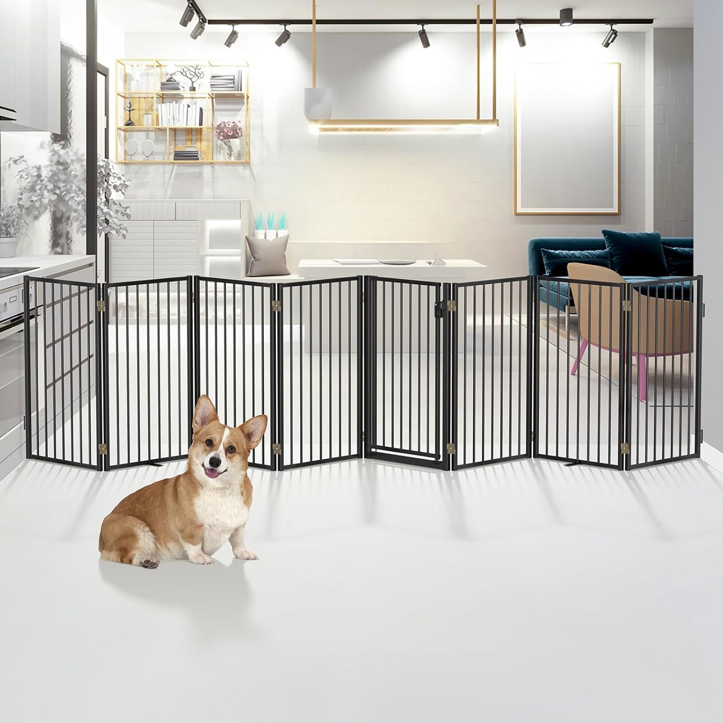 Metal Freestanding Dog Gates with Door for Outdoor Indoor,80'' Extra Wide 32'' Tall Free Standing Dog Gate for Doorways,Large Openings,Deck,Yard,Foldable Safety Pet Fence(Black,4 Panels)