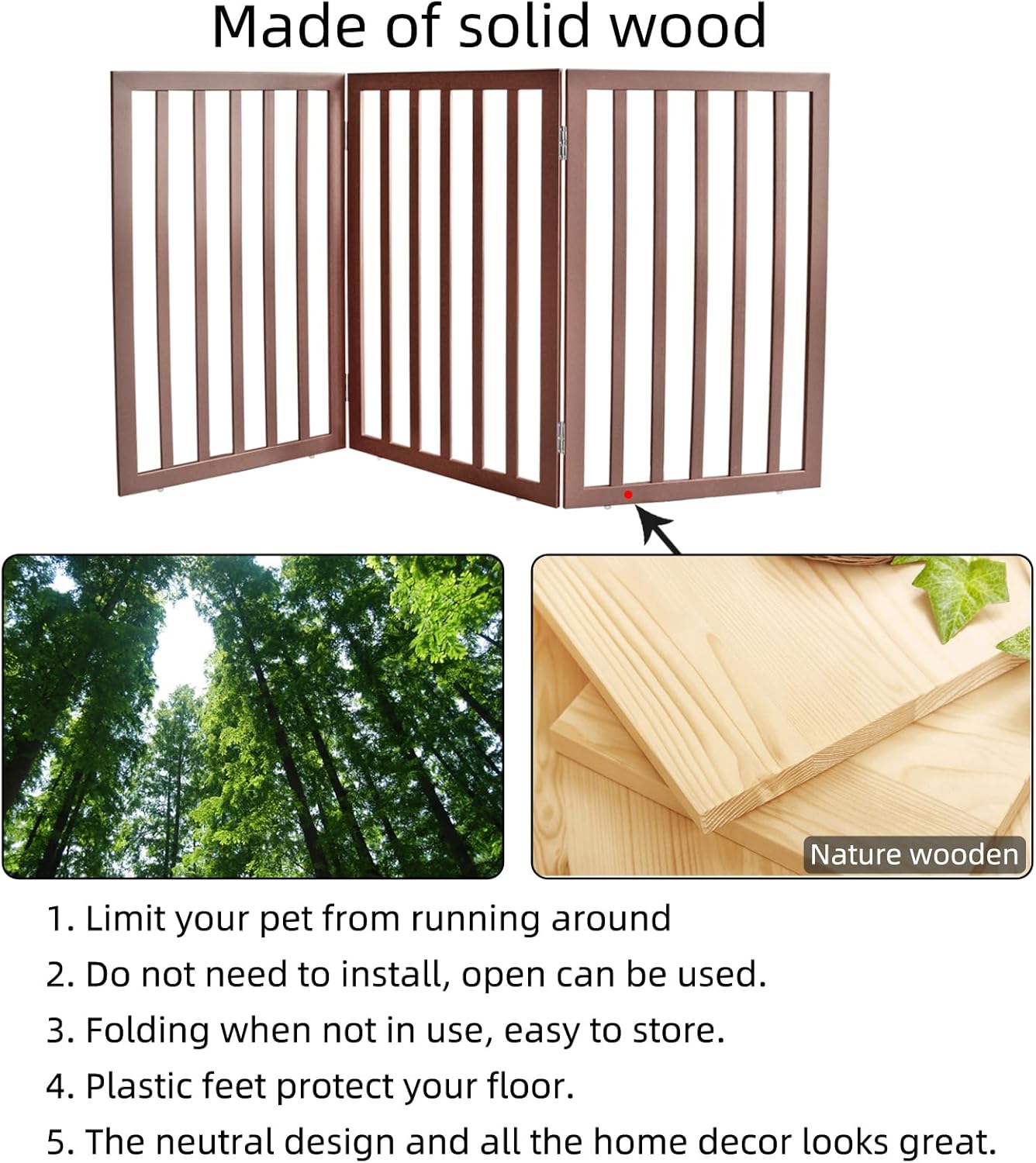 Dog Gate Indoor, Freestanding Dog Fence for The House, Doorways, Hallways,or Stairs,Pet Gate Foldable Wooden,Expandable 24" Height 3 Panels,White