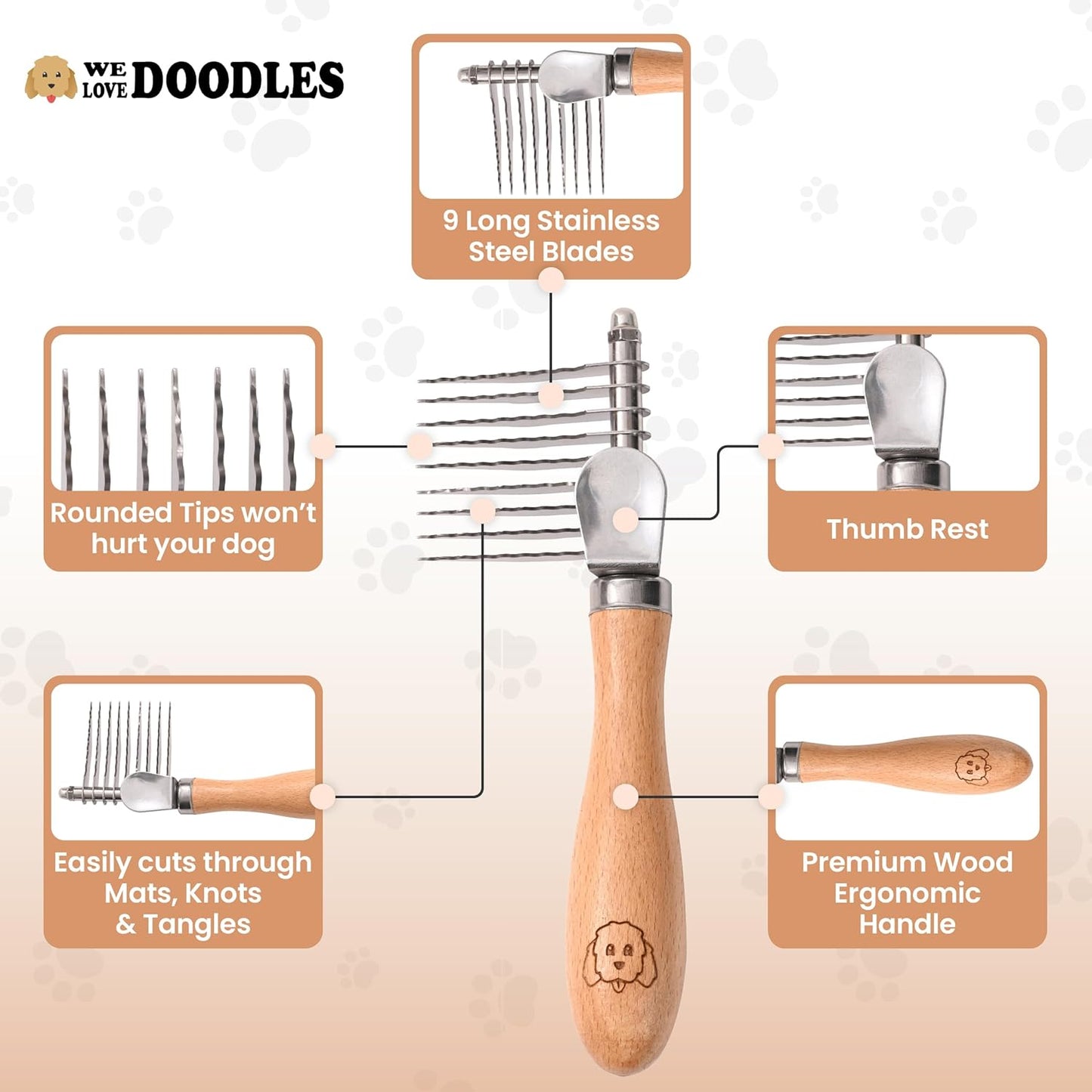 We Love Doodles Pet Dematting Comb and Pet Dematting Brush & Rake - Brown, Stainless Steel Deshedding Undercoat Rake and Detangler Brush for Dogs, Grooming Tool for Detangling, Thinning and Shedding