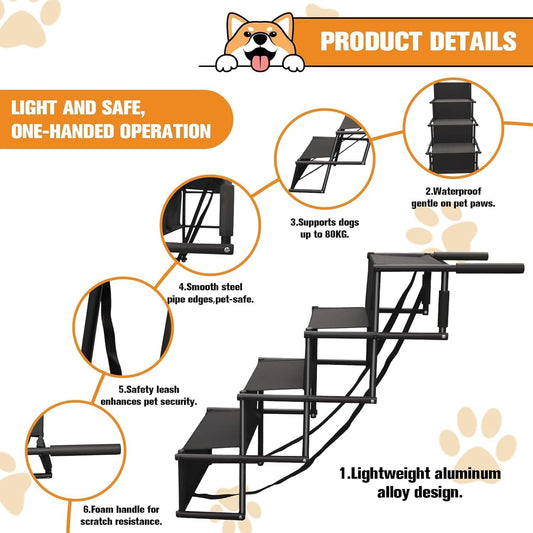 Dog Stairs for Car, Foldable Ramps for Dogs with Non-Slip Surface for Large Dogs Portable Dog Steps for Cars and SUV, Truck to 200 lbs, 4 Steps