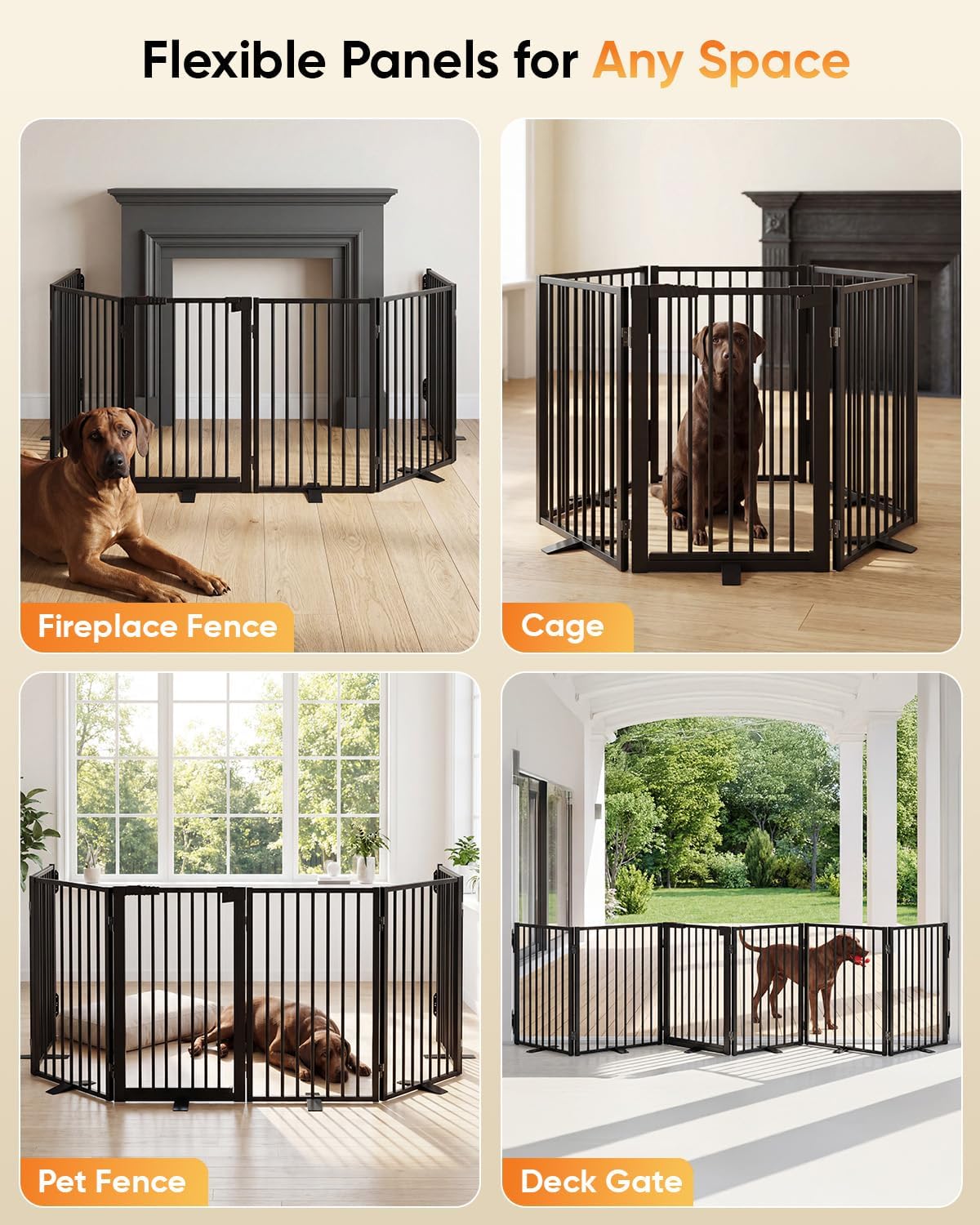 Full Metal Free Standing Dog Gate with Door for Indoor & Outdoor,80'' Extra Wide 32'' Tall Dog Gate for The Doorways,Large Openings,Decks,Porch,Pet Freestanding Safety Fence(4 Panels,Black)