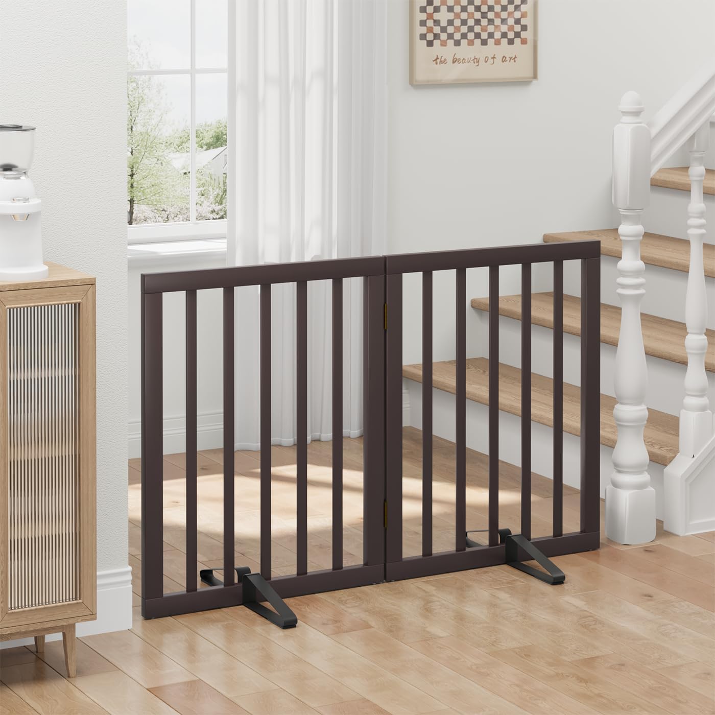 Freestanding Foldable Dog Gate - 4 Panel Room Divider with Metal Support Feet (Black)