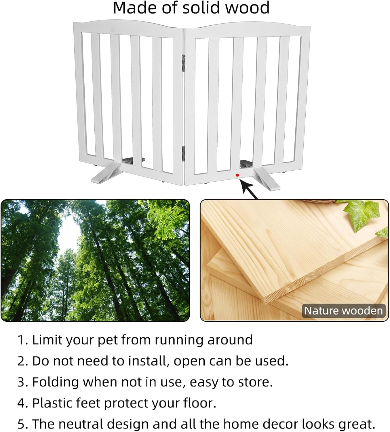ZJSF Foldable Freestanding Indoor Dog Gate for House Wood White Long Pet Gates Dog Fence for Stairs Puppy Gates for Hallways,Pet Fence, Puppy Gate,Support Feet Included 24 "Height-3 Panels